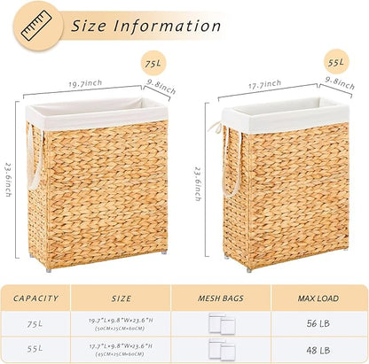 Handwoven Slim Laundry Hamper, 75L Narrow Laundry Basket, Natural Water - Image 2