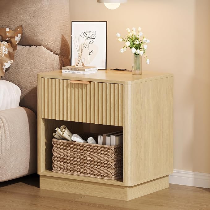 Fluted Nightstand with Charging Station Modern Bedside Table with Drawer and by TrironsunHome
