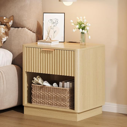 Fluted Nightstand with Charging Station Modern Bedside Table with Drawer and by TrironsunHome