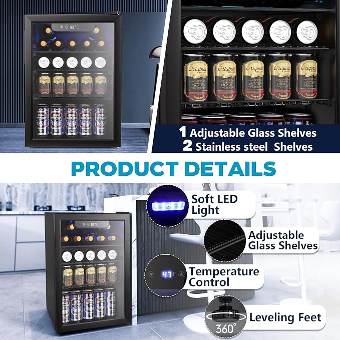 2.7 Cu.ft Beverage Refrigerator Cooler, 95 Can Mini Fridge Glass Door - Image 6