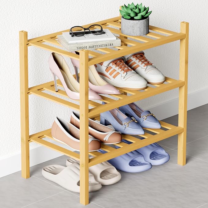Smiry Bamboo Shoe Rack for Closet, 3 Tier Small Wooden Stackable Shoe Organizer by Smiry