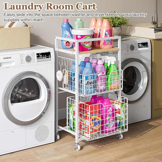 3 Tier Laundry Room Cart with Pull-Out Baskets, Utility Cart Rolling Storage - Image 2