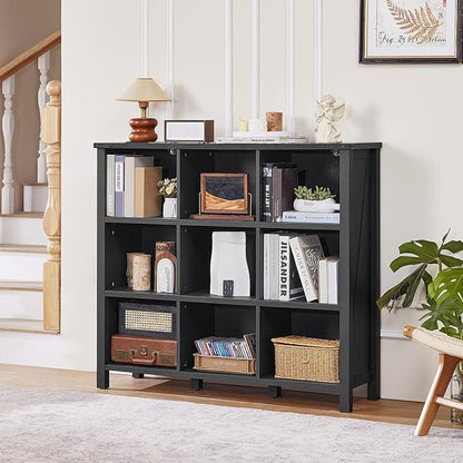 9 Cube Bookcase, Farmhouse 47 Inch Wide Black Bookshelf, Wooden 3 Tier Display - Image 6