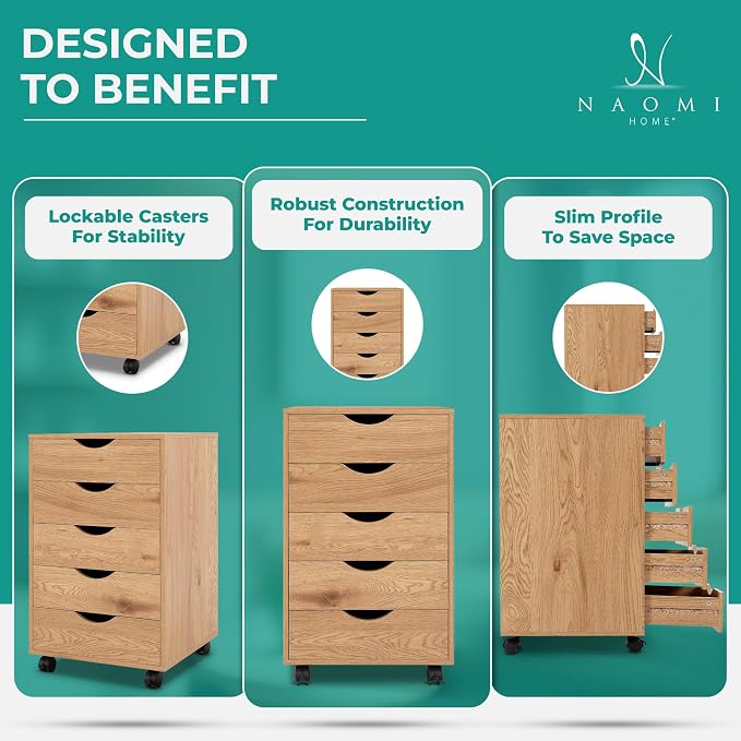 Naomi Home Taylor 5 Drawer Chest, Wood Storage Dresser Cabinet - Image 4