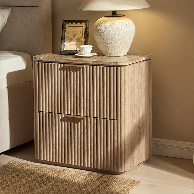Fluted Nightstand with 2 Drawers, Bedside Table with Faux Marble-Top, by DelArk
