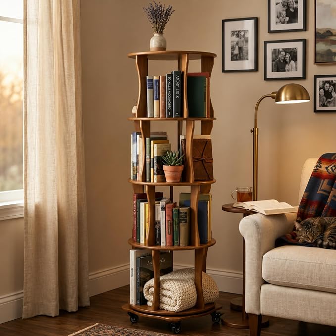 Rotating Bookshelf Tower 4 Tier Corner Bookshelf 360° Spinning Bookshelf | by Drogenble
