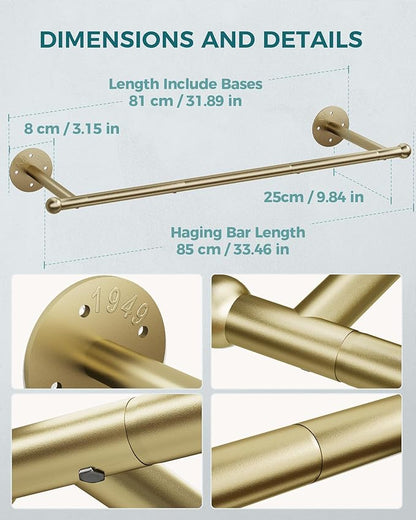 OROPY 33" Industrial Pipe Clothing Rack, Wall Mounted Clothes Rack 2 Pack | Gold - Image 3