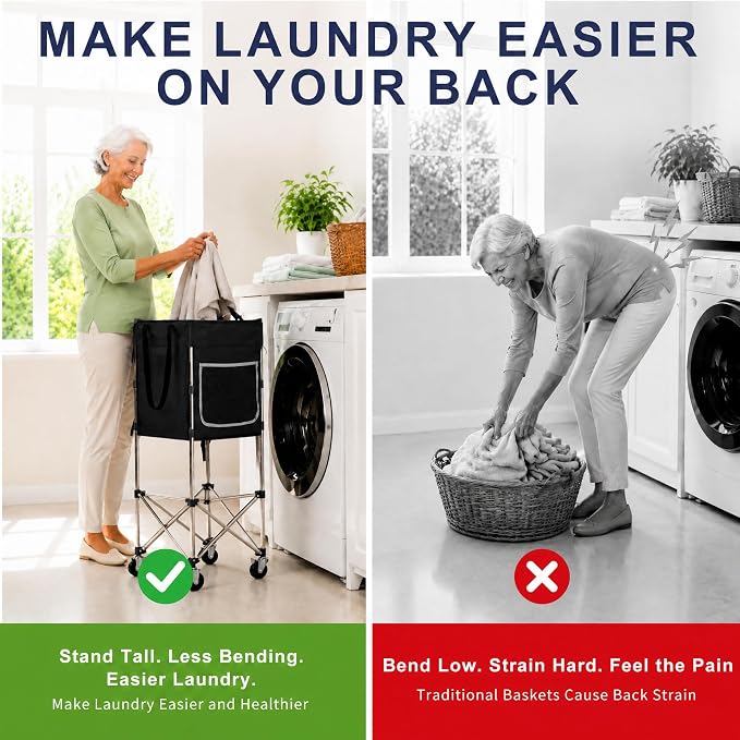 Laundry Cart with Wheels, 35.9" No-Bend Rolling Cart, 600D washable bag - Image 2