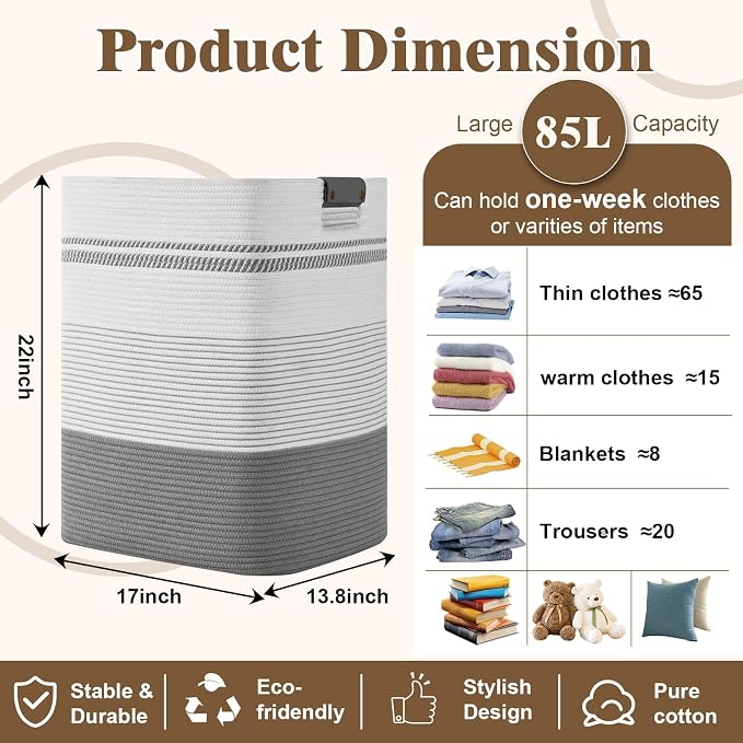 Laundry Hamper, 85L Tall Laundry Basket - Image 3