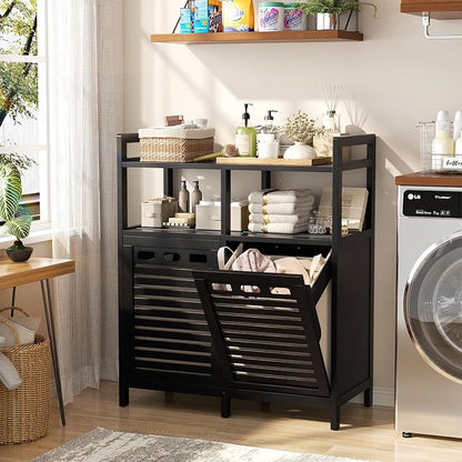 Homykic Tilt Out Laundry Hamper Cabinet, Bamboo Double Laundry Hamper - Image 3