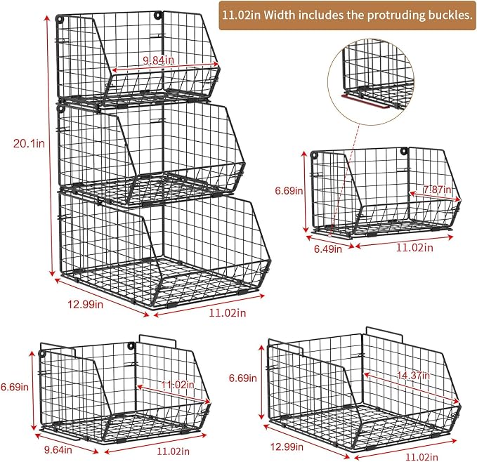 3-Tier Stackable Wire Baskets, Fruit and Vegetable Storage - Image 3