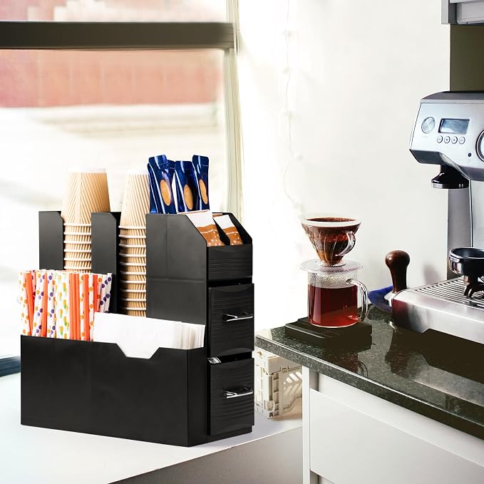 SZQINJI Coffee Condiment Organizer 11-Compartment Countertop 2-Drawer Black | - Image 6