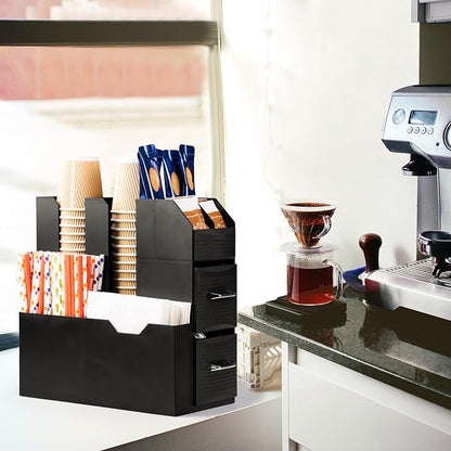 SZQINJI Coffee Condiment Organizer 11-Compartment Countertop 2-Drawer Black | - Image 6