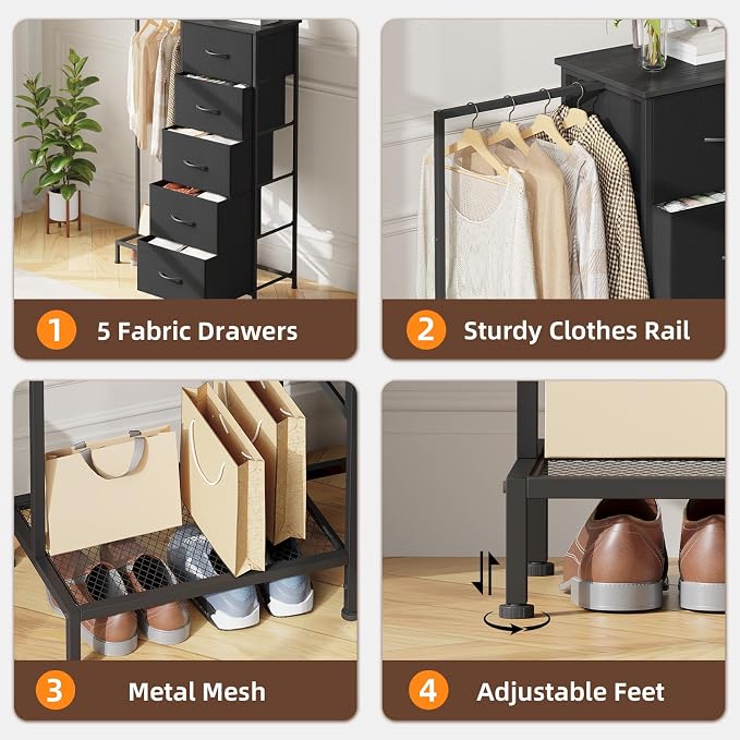 Somdot Dresser with Hanging Rack, 5 Drawers Small Closet - Image 7
