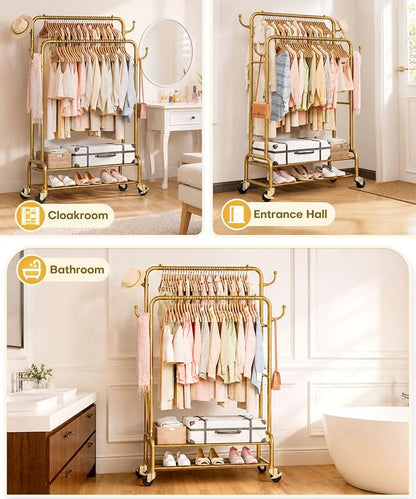 Homde Heavy Duty Clothes Rack: 265lb Rolling Double Rod Garment Hanging - Image 3