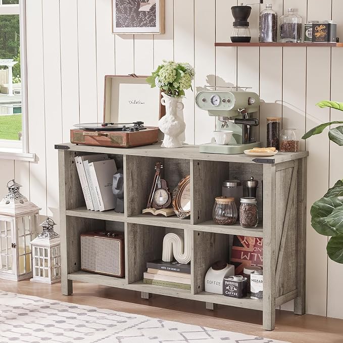 Farmhouse 6 Cube Bookshelf, Rustic Grey Oak Wooden Storage Organizer Book Shelf - Image 7