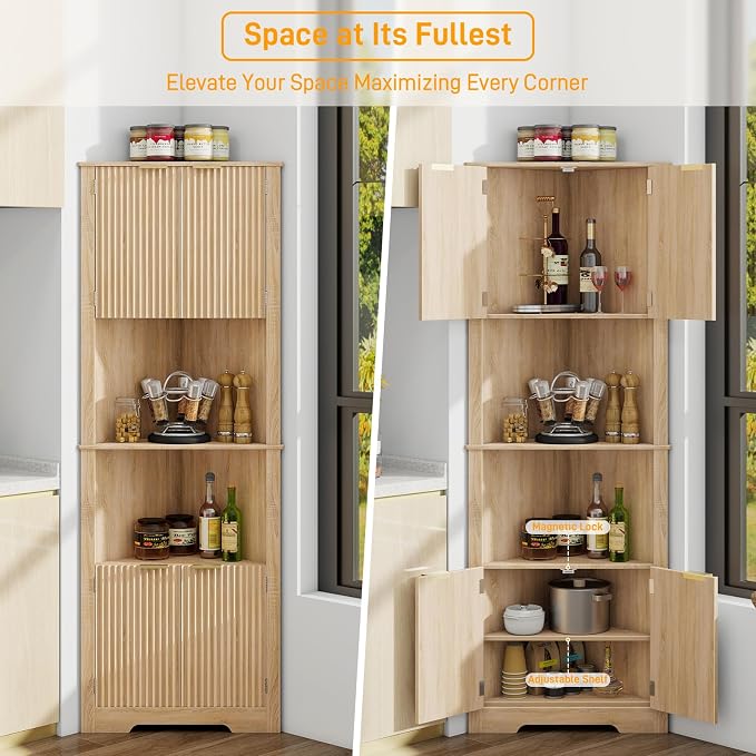 Vabches Corner Bathroom Cabinet, 64 Inch Tall Modern Fluted Corner Cabinet - Image 3
