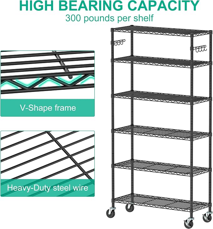 6-Tier Metal Storage Rack with Wheels, Sturdy Adjustable Wire Shelving Unit - Image 4