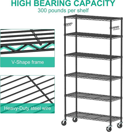 6-Tier Metal Storage Rack with Wheels, Sturdy Adjustable Wire Shelving Unit - Image 4