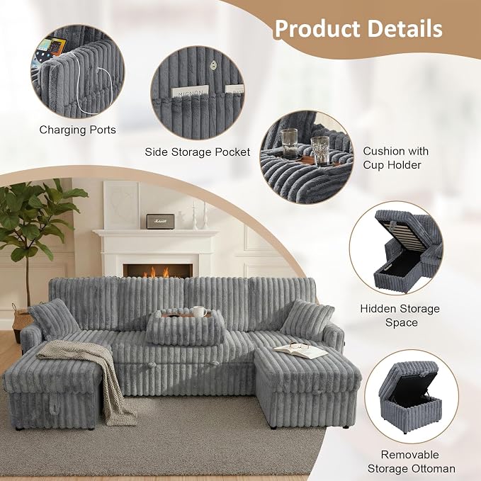 104" U Shaped Sleeper Sofa Bed, Sectional Couches - Image 4