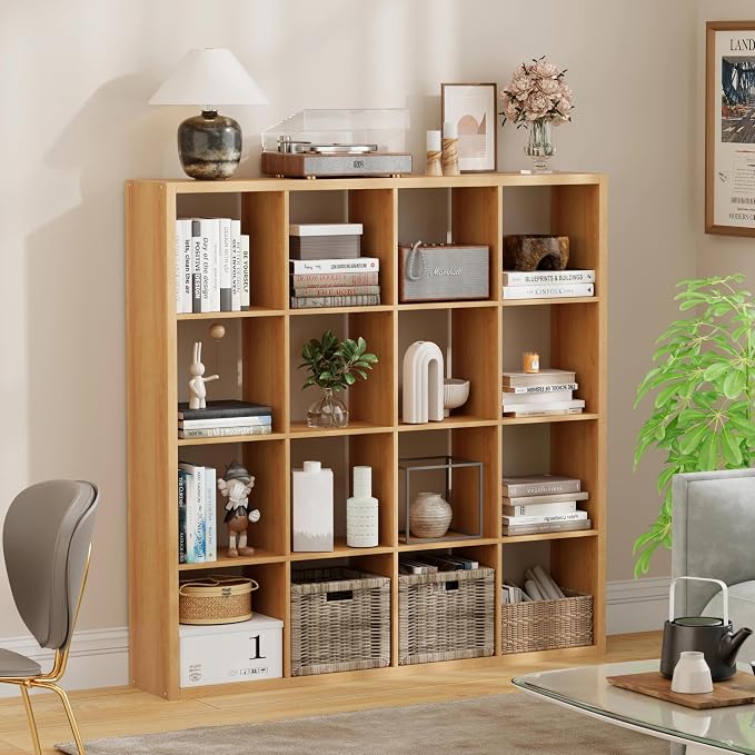 16-Cube Storage Organizer Bookcase, Thick Frame Wood Grain Storage Shelf by JPIZISO