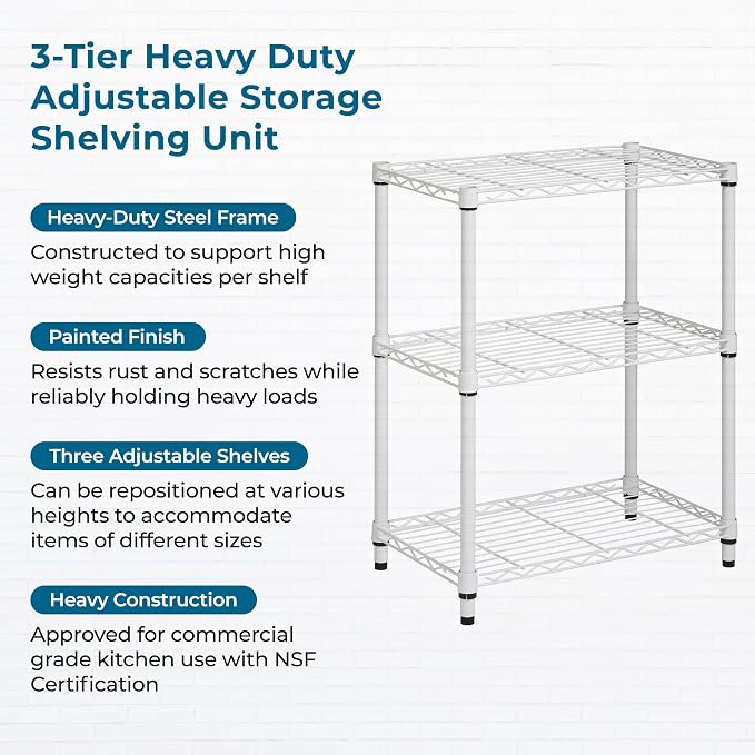 Honey-Can-Do 3-Tier White Wire Shelf, 250 lb/Shelf, kitchen & garage; no tools - Image 5