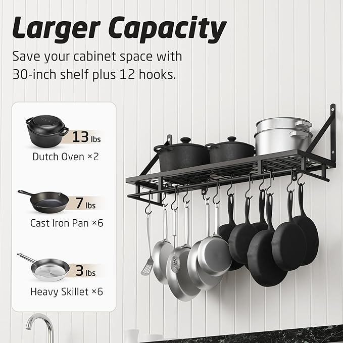 KES 30-Inch Kitchen Pan Pot Rack Wall Mounted Hanging Storage Organizer Wall - Image 2