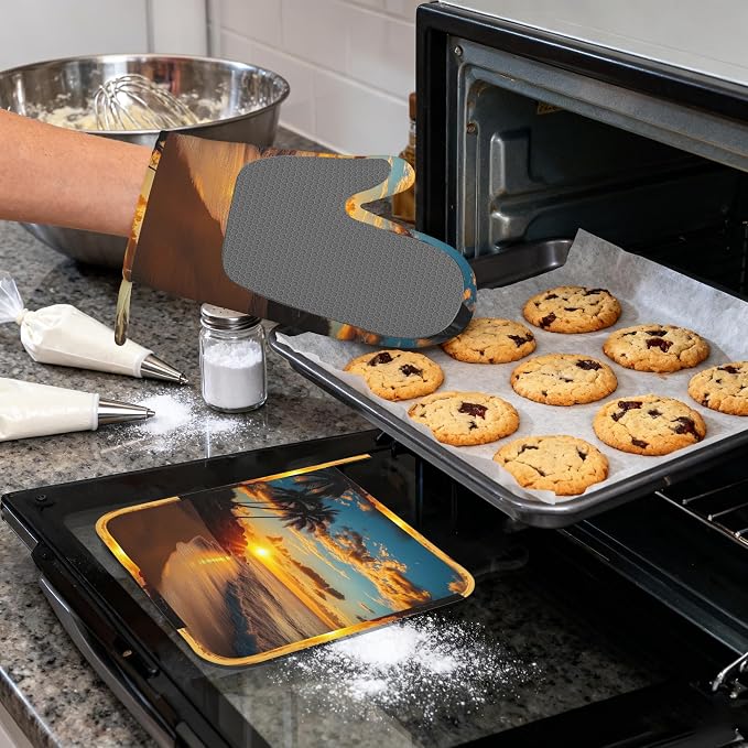 Tropical Palm Oven Mitts and Pot Holders, Sunset Trees Sea Beach Heat Resistant - Image 4