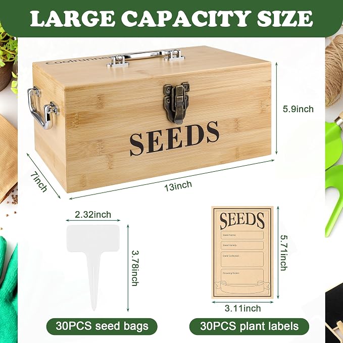Coolrunner Wood Seed Saving Box, Seed Storage Organizer Case, Seed Packet - Image 2