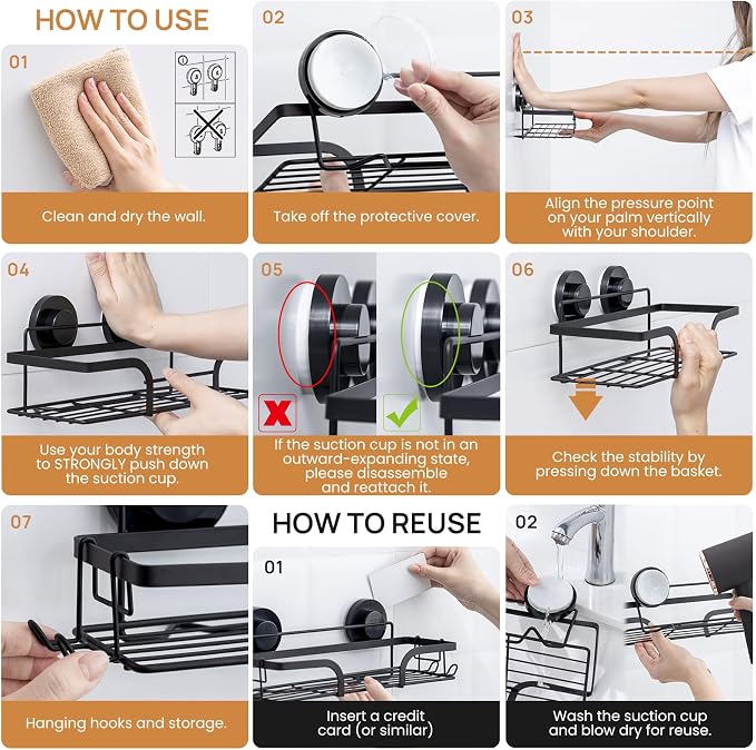 LEVERLOC Shower Caddy Suction Cup, 2 Pack Shower Shelves - Image 5