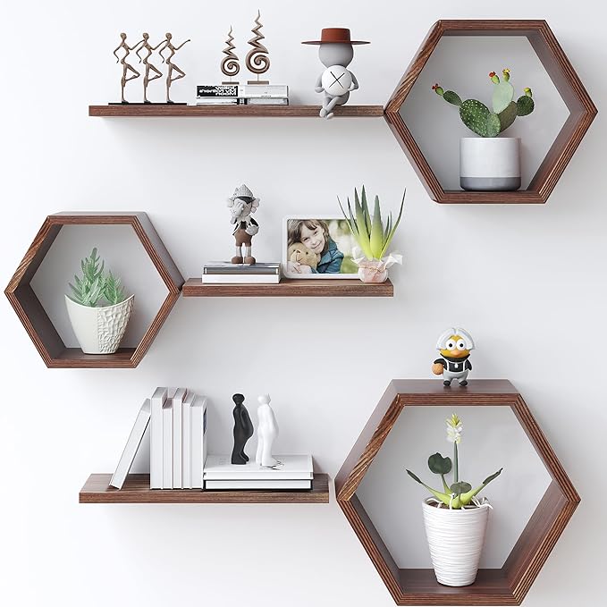 Wooden Hexagon Floating Shelves Wall Mounted, Rustic Honeycomb Shelves by LUDORU