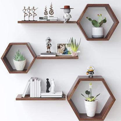 Wooden Hexagon Floating Shelves Wall Mounted, Rustic Honeycomb Shelves by LUDORU