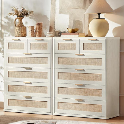 LEYAOYAO White Dresser for Bedroom Set of 2, Modern 6 Drawers Boho Rattan by LEYAOYAO-Findtheshiningpointofyourideallife%EF%BC%81