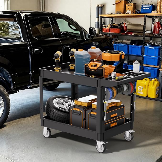2 Tier Plastic Rolling Utility Cart on Wheels, Heavy Duty Tool Cart - Image 7