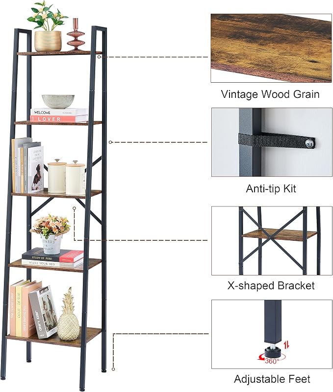 Hoctieon Industrial Ladder Bookshelf, 5-Tier Tall Bookshelf, Open Ladder Shelf - Image 9