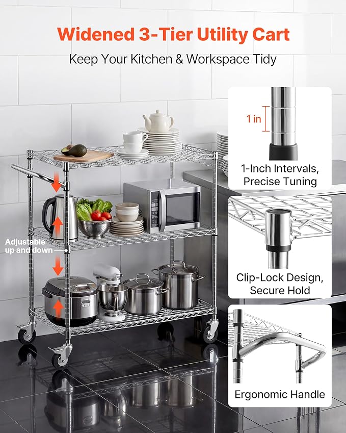 VEVOR Kitchen Utility Cart, 3 Tier Heavy Duty Adjustable Wire Storage Rack - Image 2
