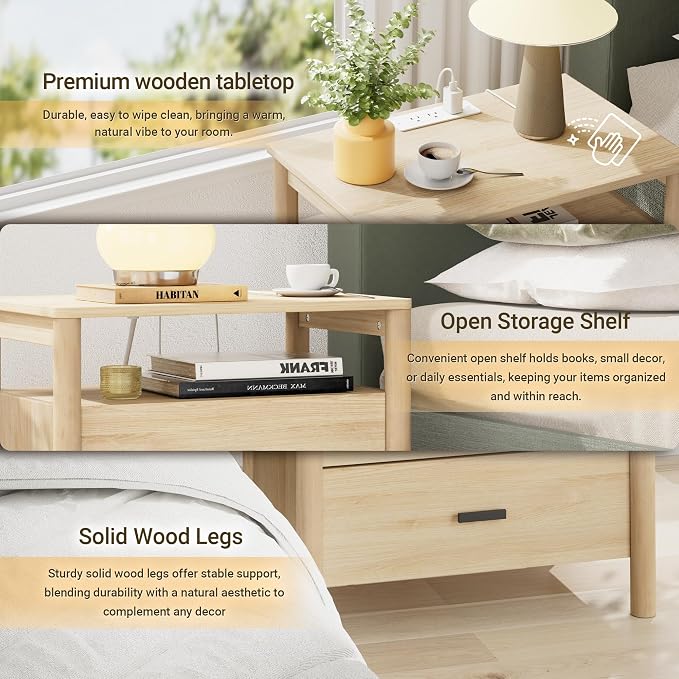 Night Stand with Charging Station, 2 Drawers End Table with Open Shelf - Image 3