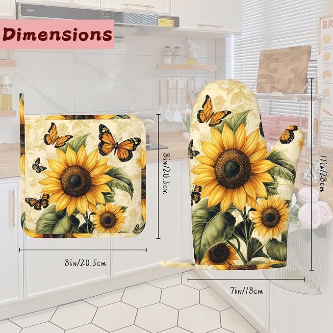 Vintage Sunflower Silicone Oven Mitts and Pot Holders, Butterfly Heat-Resistant - Image 2