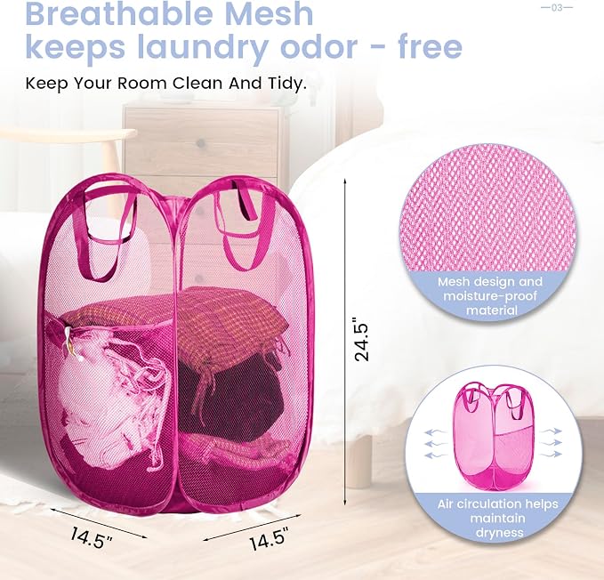 HOUSE AGAIN 2 Pcs Pop Up Laundry Hamper, Strong Mesh Laundry Baskets Collapsible - Image 4