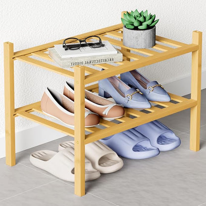 Smiry Bamboo Shoe Rack for Closet, 2 Tier Small Wooden Stackable Shoe Organizer by Smiry