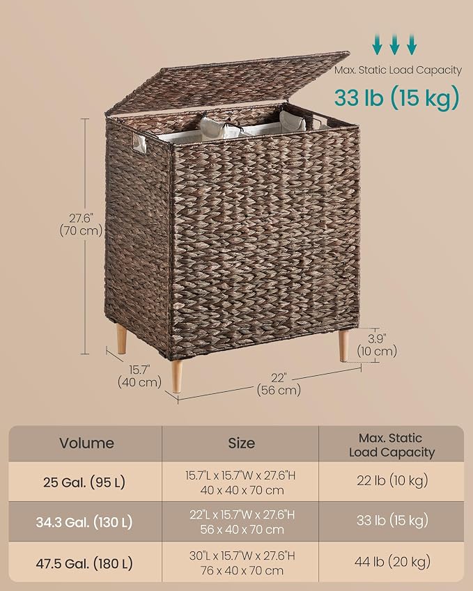 SONGMICS Laundry Hamper 2 Sections, 34.3 Gal. Handwoven Water Hyacinth Wicker - Image 6
