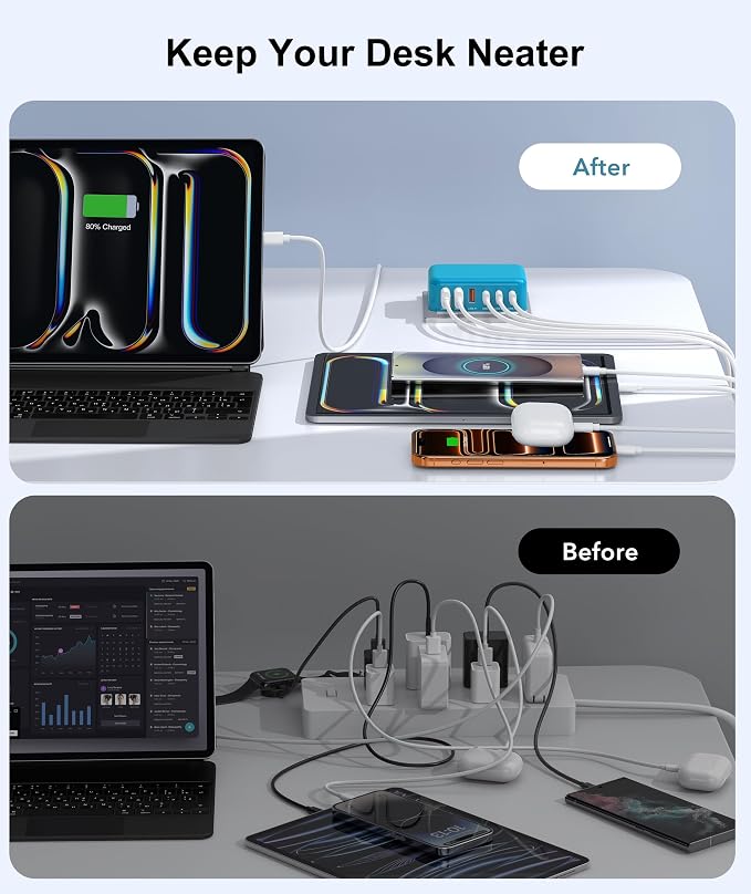 Fast Charger Block, GaN 6 Port USB C Charging Station Hub Cube, 100W Multiport - Image 6