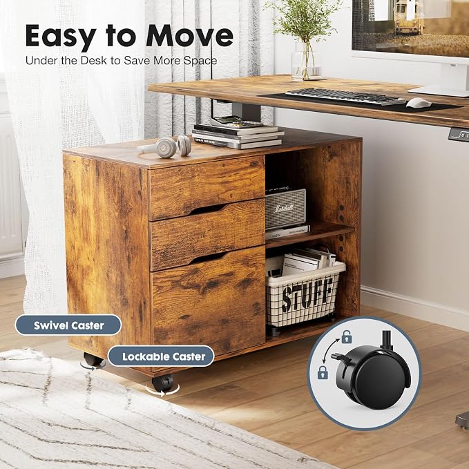 DUMOS Wood File Cabinet with 3 Drawers, Rolling Printer Stand | Under Desk - Image 6