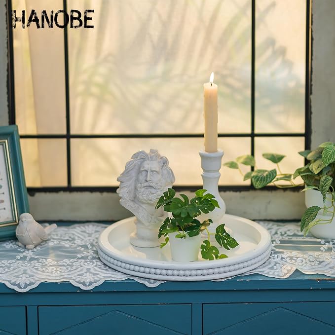 Hanobe Decorative Coffee Table Tray: White Beaded Round Serving Tray Modern - Image 5