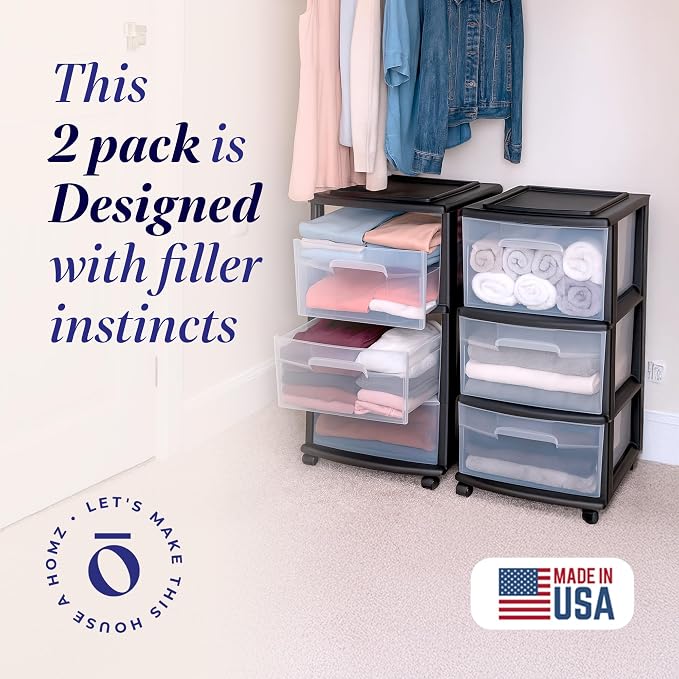 HOMZ Drawer Tower 3-Tier Storage Cart, Removable Wheels, 2 Pack | Plastic - Image 4