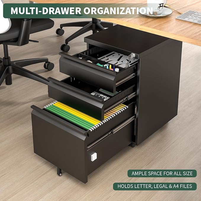 3 Drawer File Cabinet with Lock, Under Desk Rolling Small Filing Cabinet - Image 6