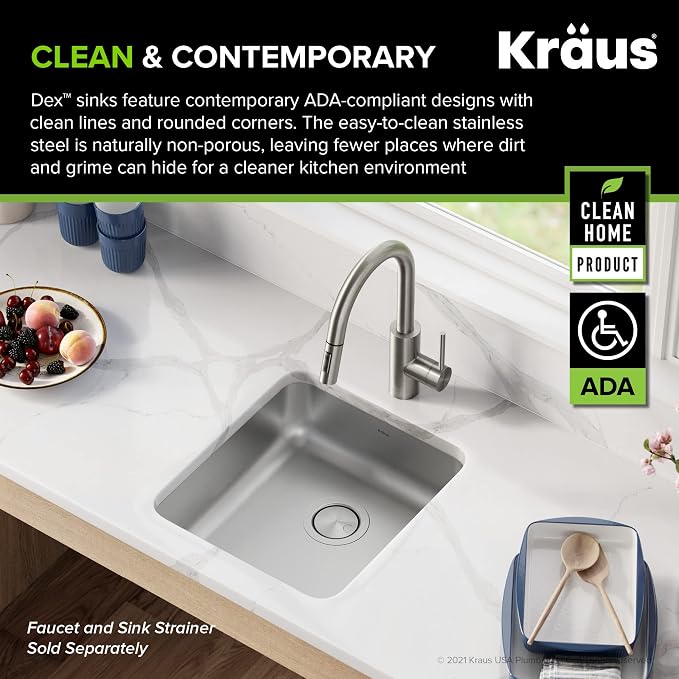KRAUS Dex 17-inch Undermount 16 Gauge Stainless Steel Single Bowl ADA Kitchen - Image 3