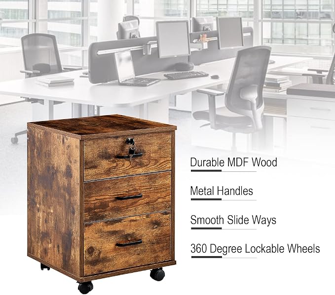 File Cabinet with Lock 3 Drawer Mobile Filing Cabinet with 360° Swivel Wheels - Image 3