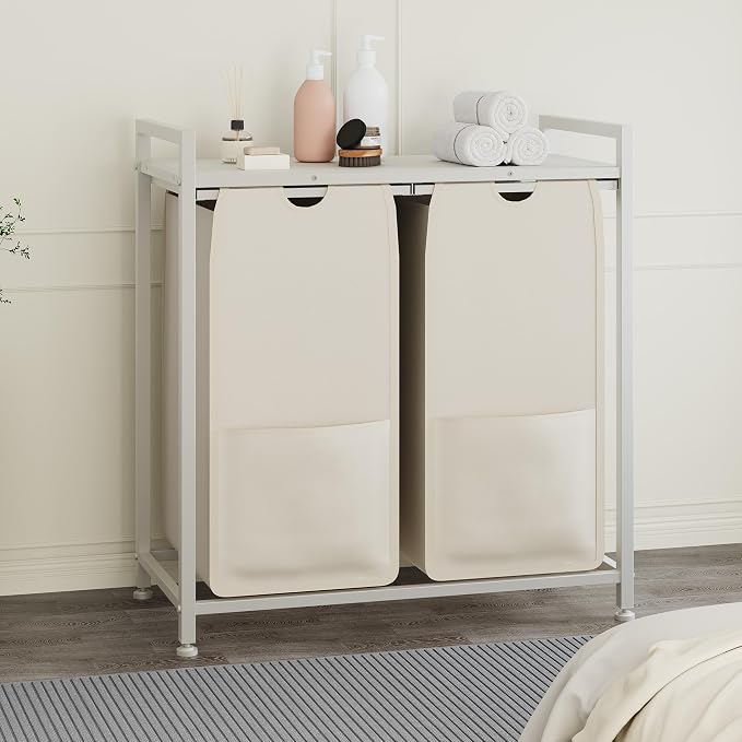 2-Section Laundry Hamper with Shelf, Pull-Out Removable 12.8 gal Bags, Metal - Image 2