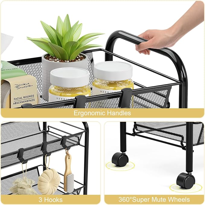 TOOLF 3-Tier Metal Rolling Cart, Mesh Wire Easy Assemble Utility Cart, Storage - Image 5